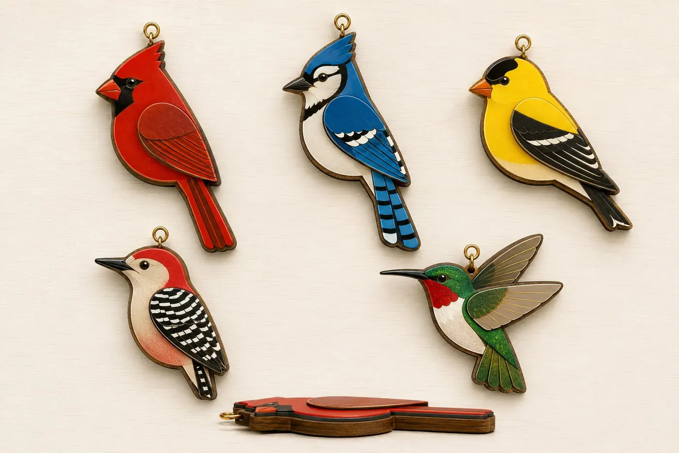 Layered wood bird ornaments: cardinal, blue jay, goldfinch, woodpecker and hummingbird