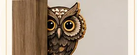 Ollie Owlfred, a layered wood owl peeking around a door frame